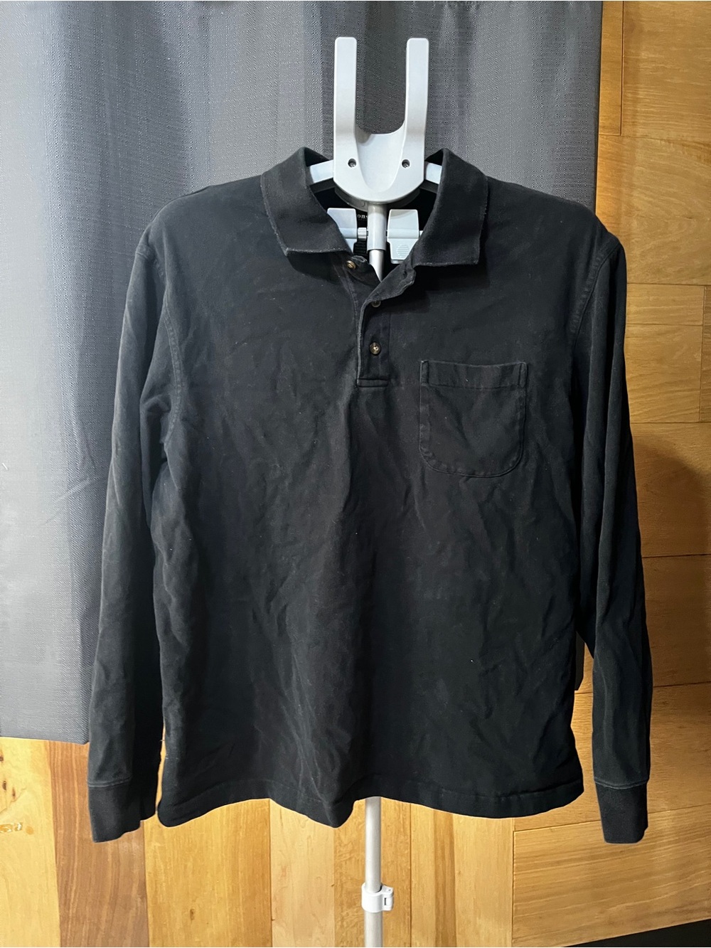 Classic Black Long-Sleeve Polo Shirt with Pocket - Men
